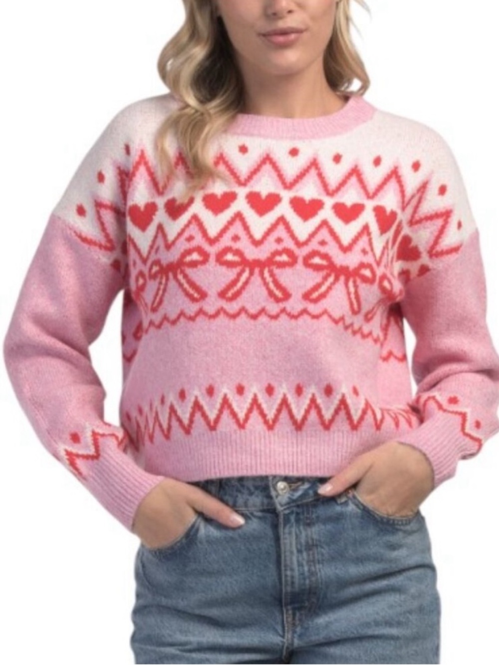Paris Hilton brand sweater featuring a bows and hearts design in pink, red